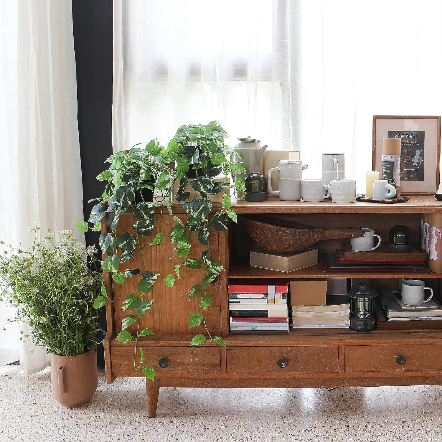 Fake Pothos Hanging Plants - 33" Set of 2 Artificial Silk Ivy Vines with Pots, Realistic Faux Greenery for Indoor Home Office Bathroom Decor, Low Maintenance Hanging Plant Decoration - Golden Green