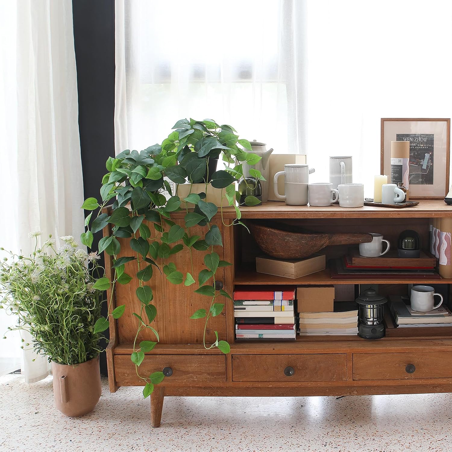 alyptus Fake Pothos Hanging Plants u2013 33" Set of 2 Faux Ivy Vines with Pots, Realistic Silk Devilu2019s Ivy for Indoor Décor, Low Maintenance Artificial Greenery for Home Bathroom or Office - Green