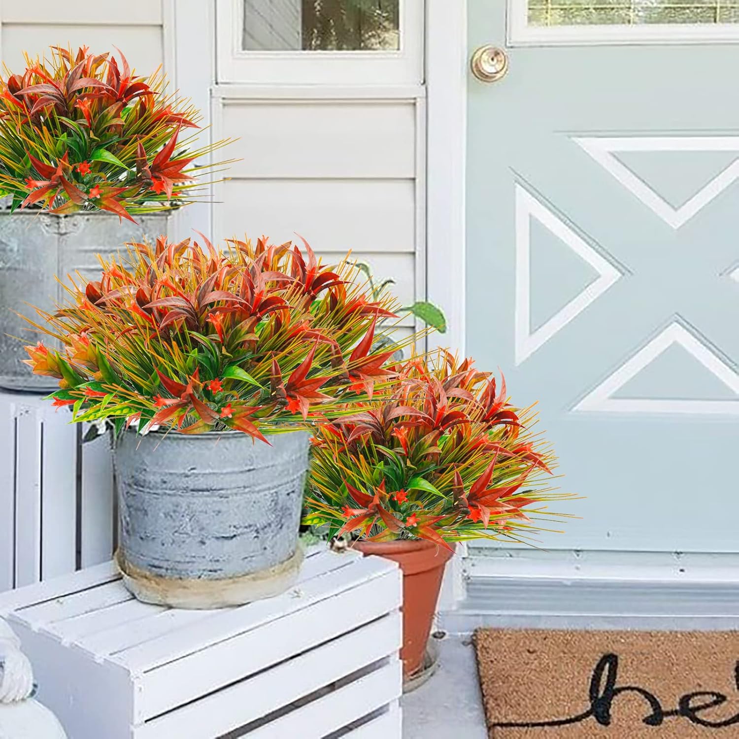 Uieke 6Pcs Outdoor Artificial Plants UV Resistant, Fake Morning Glory Flowers with Orange Grass, Tropical Flowers Fall Leaves Foliage for Garden Patio Sidewalk Décor Red