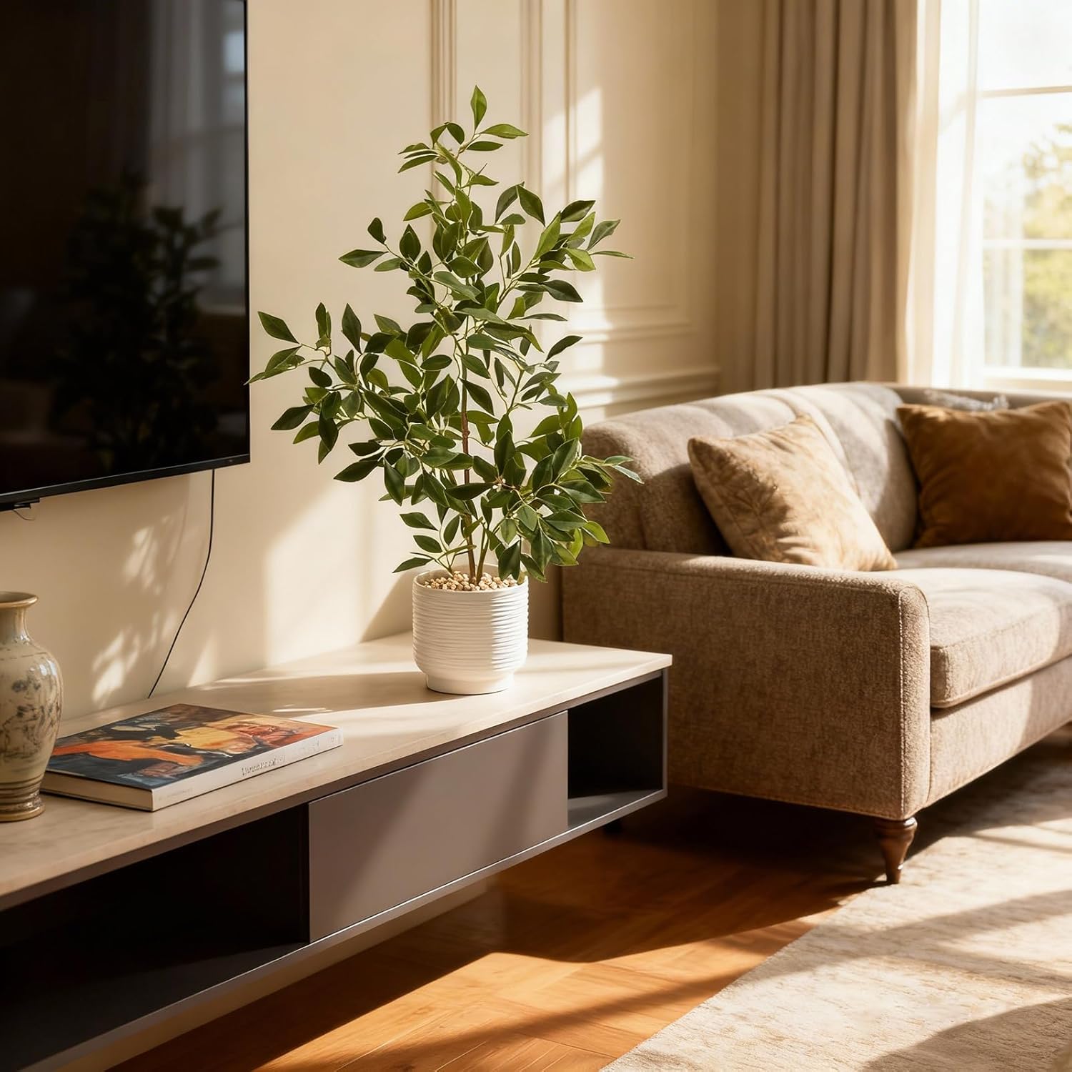 Artificial Potted Plants Indoor,27" Faux Plants Ficus Leaves Trees with Ceramic Pots,Realistic Fake Plant Indoor Potted for Living Room Office Farmhouse Room Bathroom Bedroom Kitchen Plant Decor