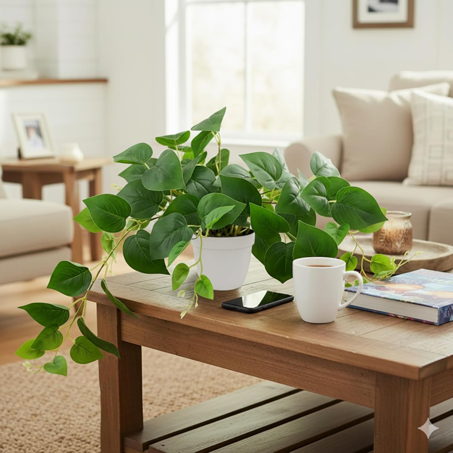 Tiita 1 Pack Fake Plants Artificial Scindapsus Aureus in Pots, Realistic Fake Greenery Potted Plants for Home Office Desk Window Sill Bathroom Bedroom Outdoor Indoor