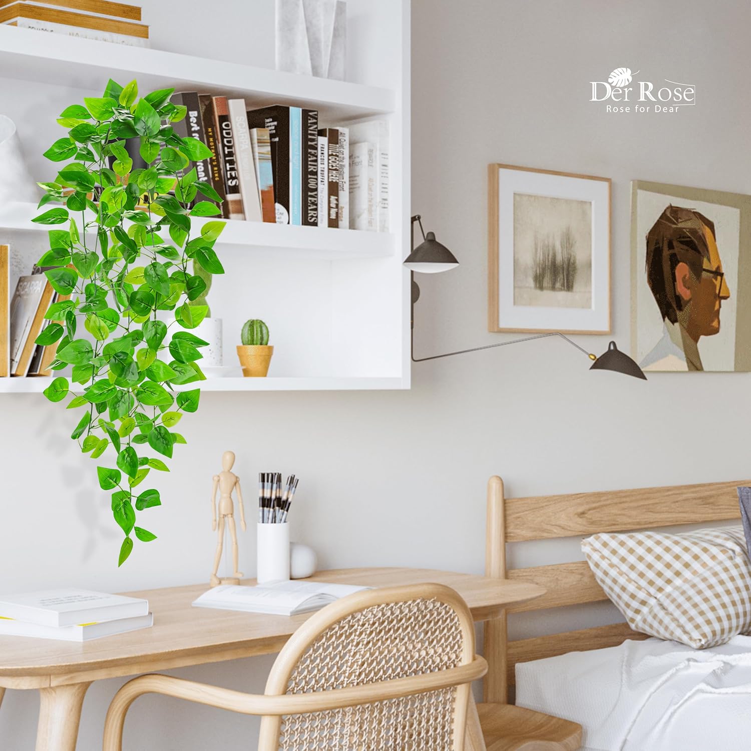 Der Rose 1Pcs 34'' Fake Hanging Plants Artificial Potted Pothos Hanging Vines Plants Indoor for Home Bathroom Bedroom Wall Shelf Decor