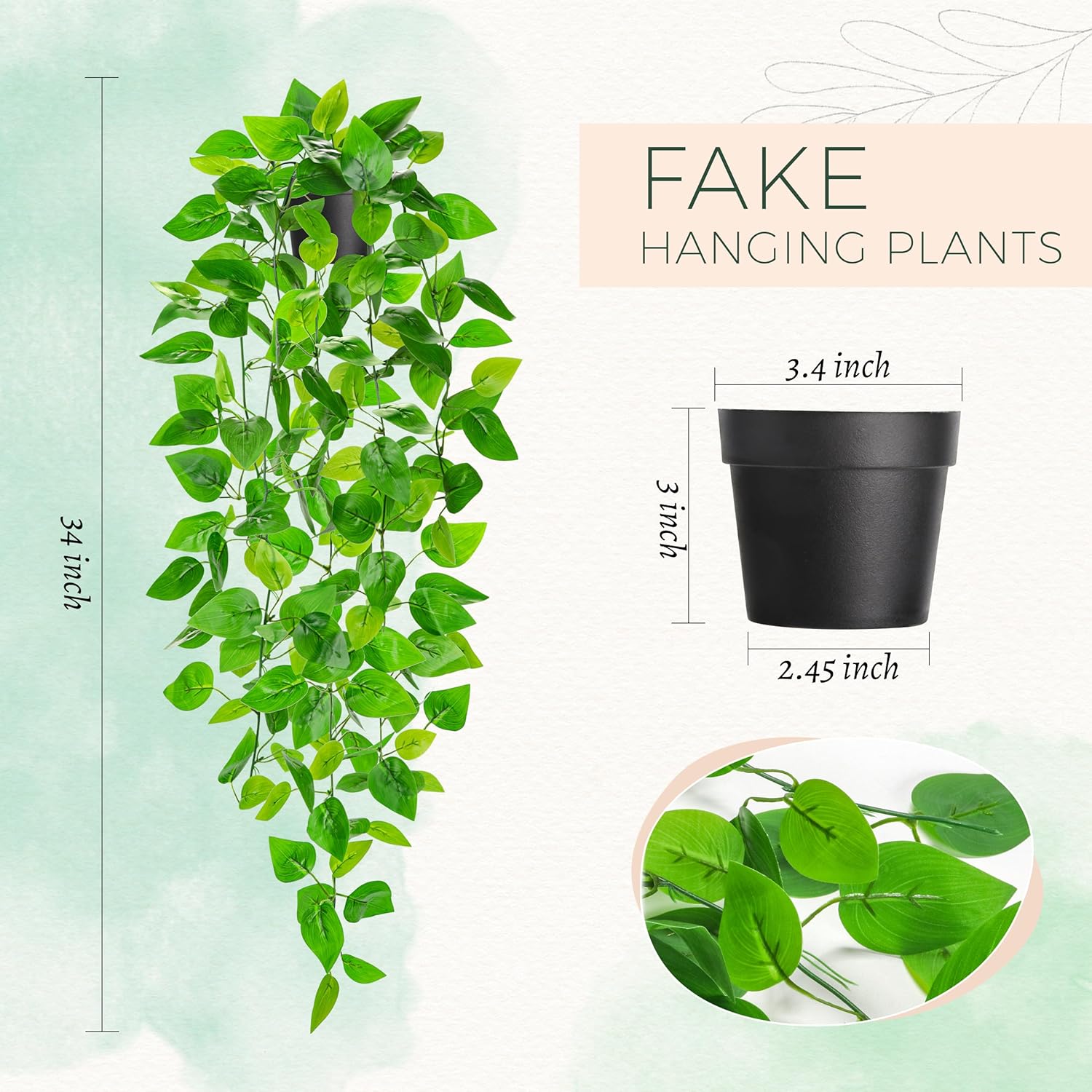 Alternative view of Der Rose 1Pcs 34'' Fake Hanging Plants Artificial Potted Pothos Hanging Vines Plants Indoor for Home Bathroom Bedroom Wall Shelf Decor