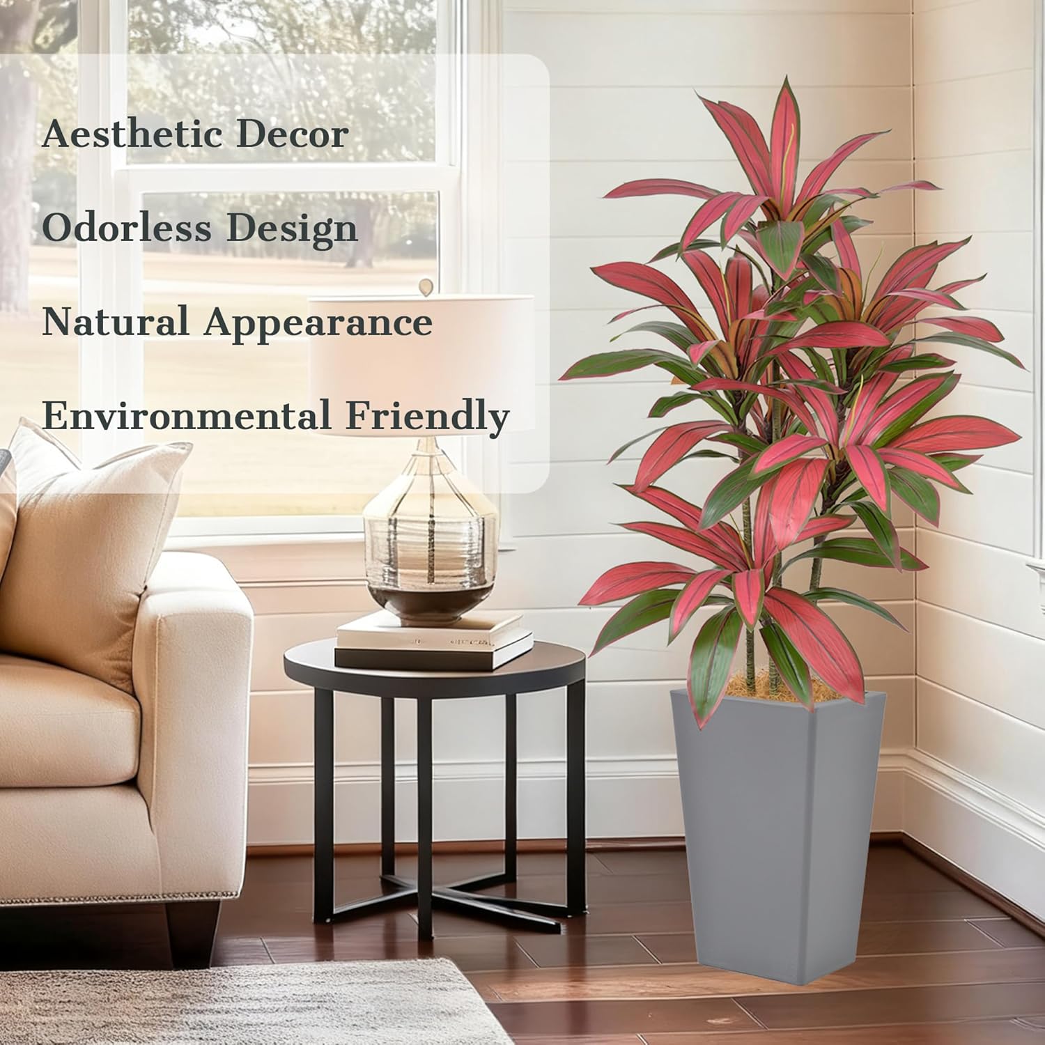 Alternative view of 5FT Artificial Dracaena Tree - 60in Faux Dracaena Tree with Gray Planter, Realistic Trunk & Lifelike Red Foliages, Tall Fake Tropical Floor Plant Potted for Home Office Living Room Indoor Decor