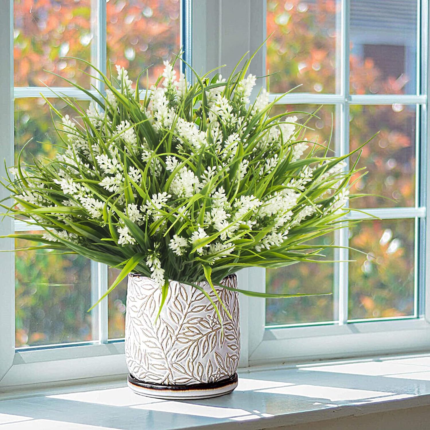 Grunyia 20 Bundles Artificial Plants Outdoor Fake Monkey Grass with Flowers (White)