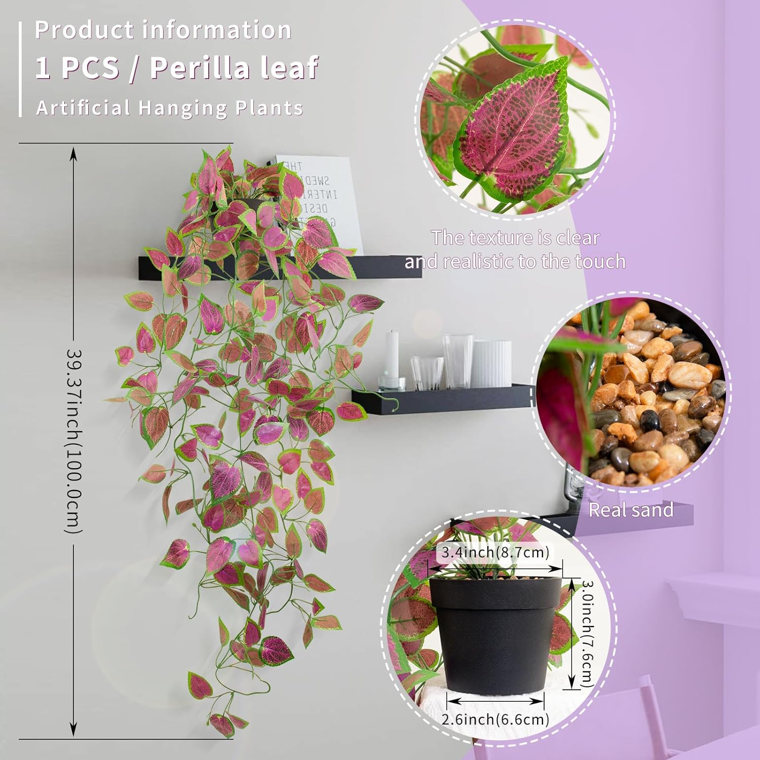 LOYWREE Artificial Purple Ivy Hanging Vine Plants - Small Potted Long Trailing Cascading Foliage, Gothic Home Decor for Indoor/Outdoor, Office, Garden & Shelf (Black Pot)