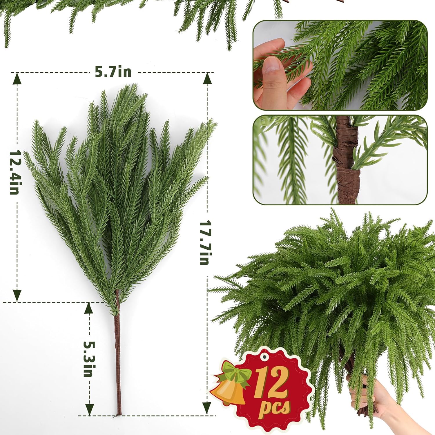 Alternative view of Rowfad 12 Pcs Artificial Norfolk Pine Branches, Norfolk Pine Artificial Pine Stems DIY Crafts Faux Christmas Greenary Norfolk Pine Branches for Xmas Wreath Garland Home Decor (12)