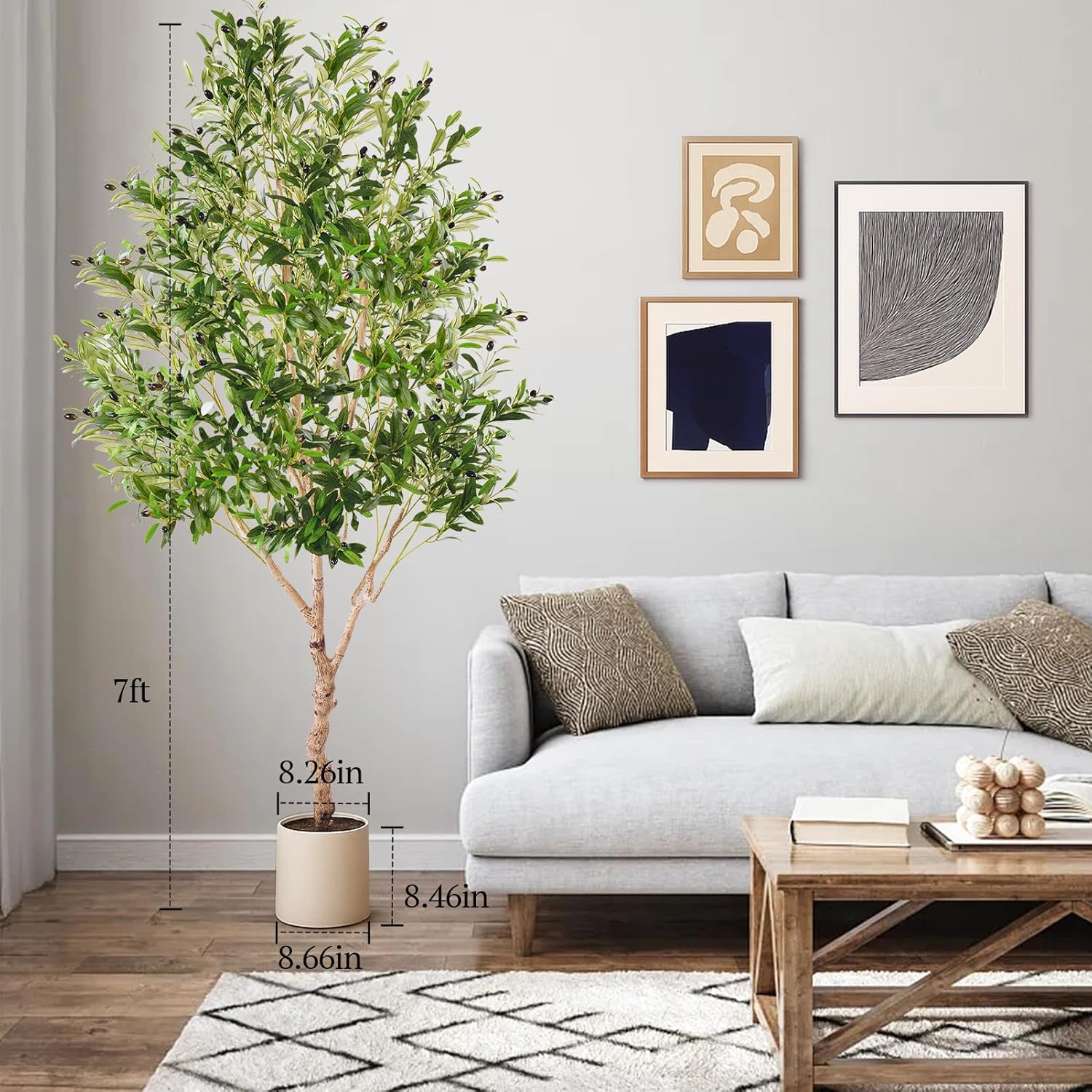 Large Olive Trees Artificial Indoor, Upgraded 7FT Faux Olive Tree with Natural Wood Trunk and Lifelike Fruits, White Tall Planter, Modern Artificial Plants for Home/Office Decor Gifts