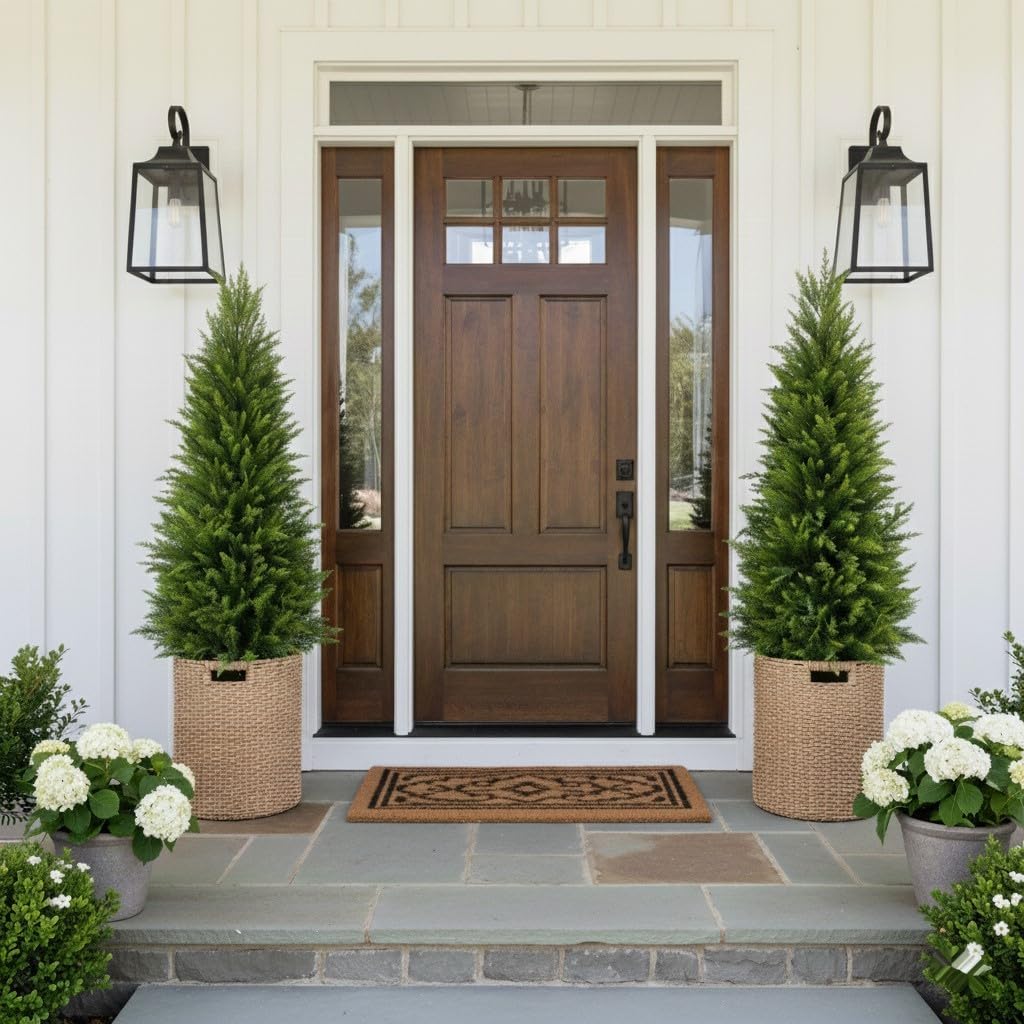 4FT Artificial Cedar Topiary Trees (Set of 2) - UV Resistant Outdoor Indoor Potted Plants, Realistic Faux Cedar Bushes for Porch, Front Door, Patio, Home & Office Decor, No Maintenance