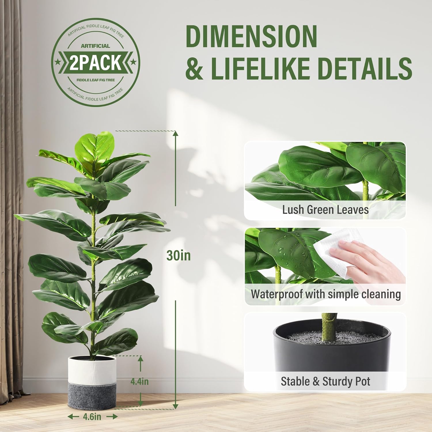 Alternative view of Suntee 2 Pack Artificial Fiddle Leaf Fig Tree, 30" Ficus Lyrata Fake Plants with Pots, Floor Plant Outdoor Faux Plants for Living Room, Corner, Office, Patio, Windowsill Decor