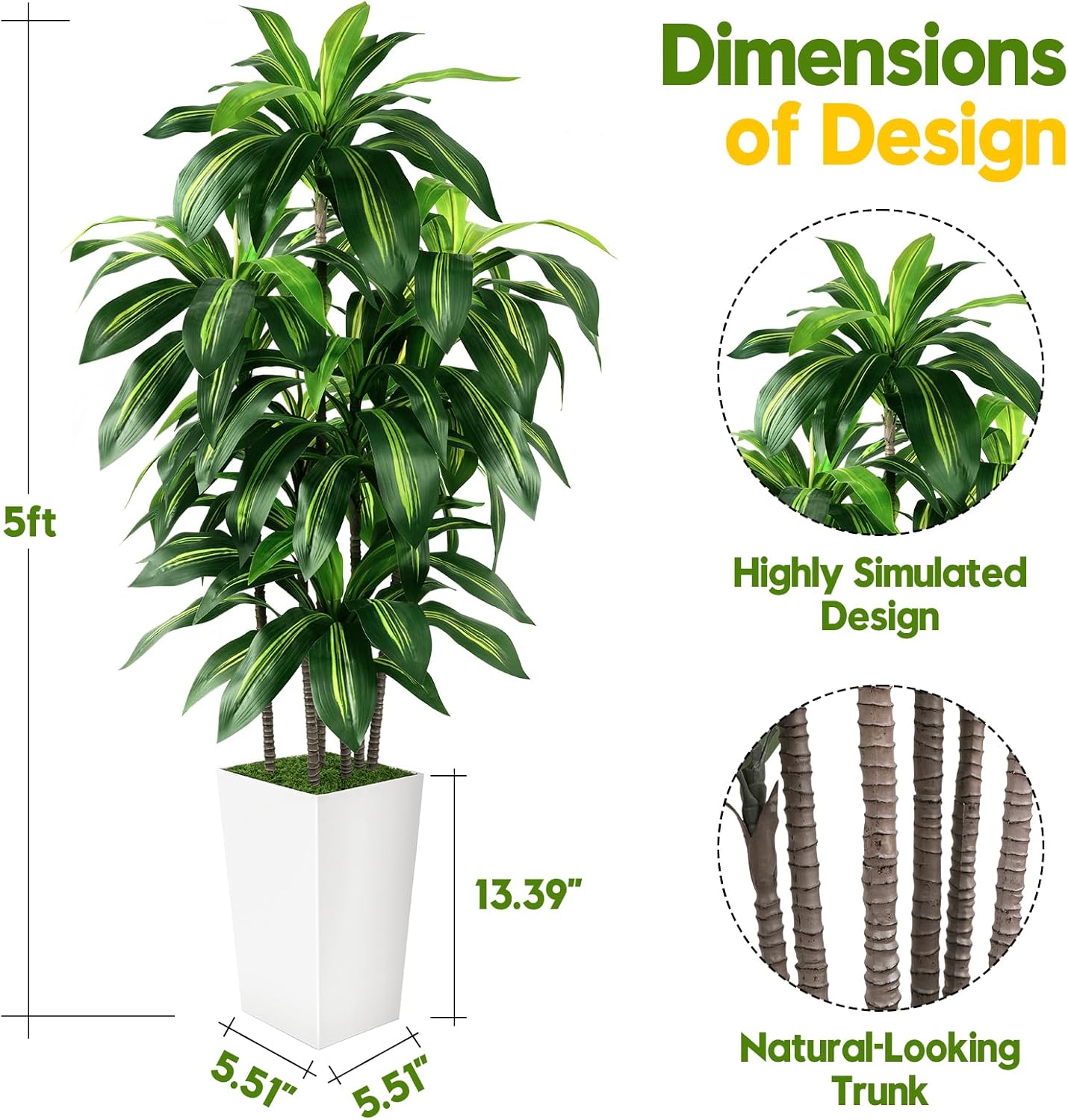 Artificial Dracaena Tree Indoor, 5FT Tall Fake Tree with White Tall Planter, Artificial Tree Fake Yucca Potted Tree for Home Office Living Room Decor, Tall Artificial Plant for Housewarming