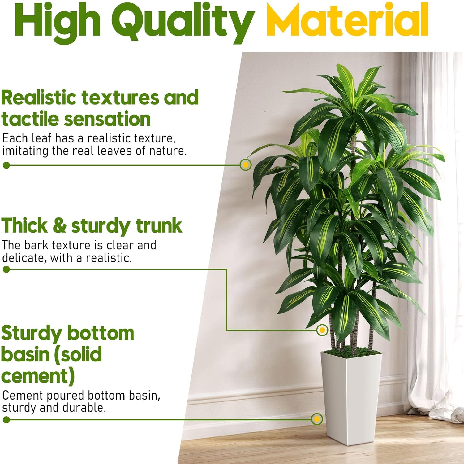 Alternative view of Artificial Dracaena Tree Indoor, 5FT Tall Fake Tree with White Tall Planter, Artificial Tree Fake Yucca Potted Tree for Home Office Living Room Decor, Tall Artificial Plant for Housewarming