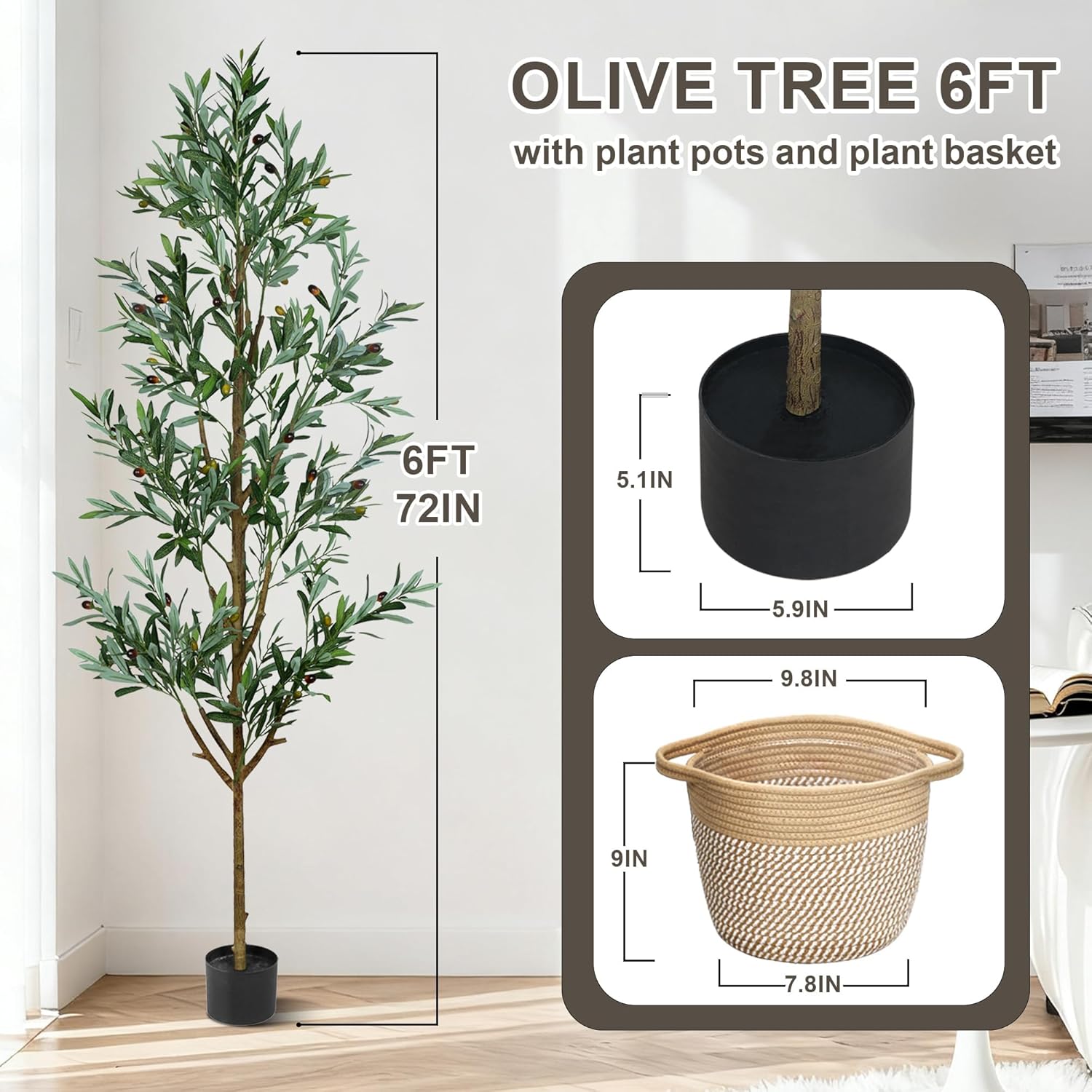 ZOES HOMDECO Faux Olive Tree 6ft, Olive Trees Artificial Indoor with Planter and Basket, Tall Fake Tree with Realistic Leaves and Fruits for Home Living Room Bedroom Outdoor Decor