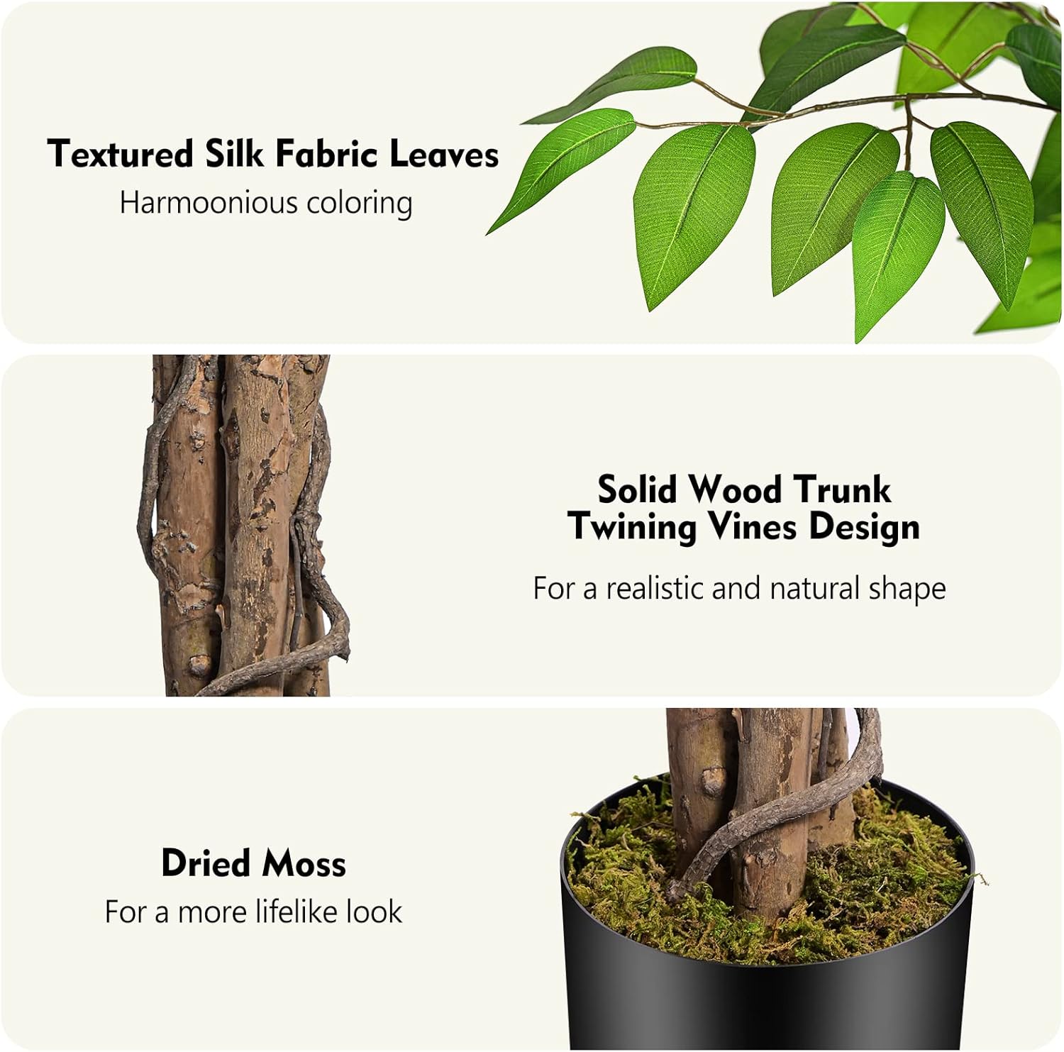 Alternative view of Keeplush 6.2ft Ficus Artificial Trees with 3 Natural Curved Trunks, 74" Tall Lush Faux Tree for Home Decor Indoor, Green Lifelike Fake Ficus Tree Artificial Plants