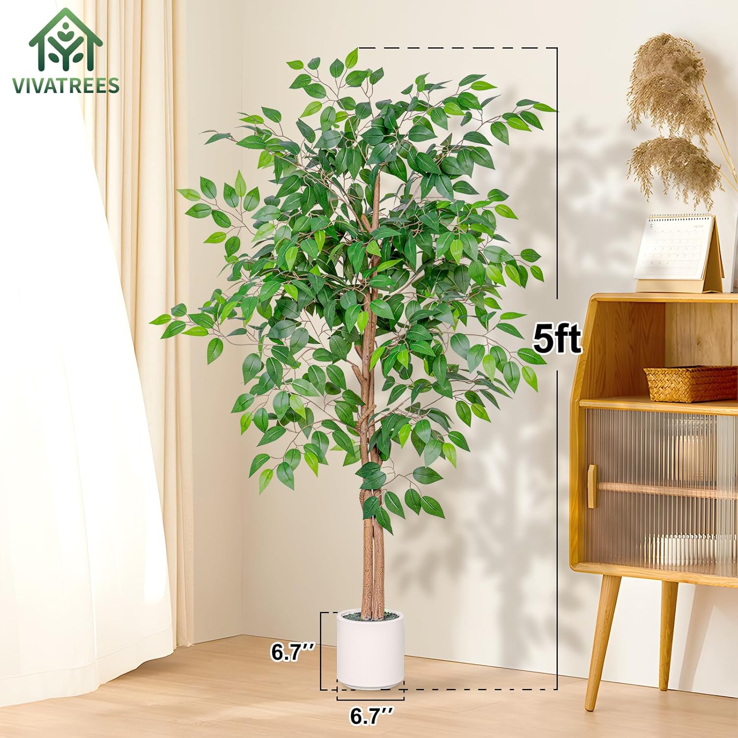 Alternative view of VIVATREES 5FT Artificial Ficus Tree with White Planter, Realistic Faux Silk Indoor Outdoor Plant for Home Office Living Room, Porch, Garden Decor