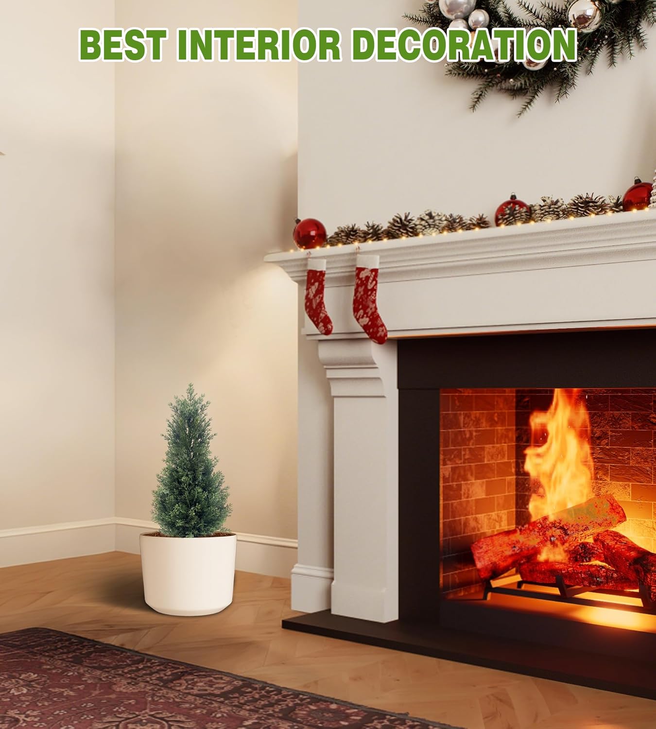 Two 2FT Tall Artificial Evergreen Trees, Beautiful and Realistic Human-Potted False Cypress, an Evergreen Plant for Home Porch Decoration,suitable for interior, office, living room and room decoration