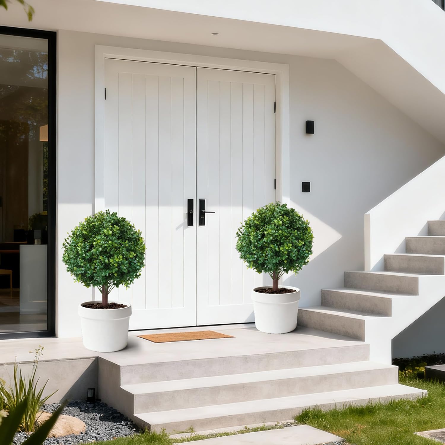 Egouhome 23.6" Artificial Boxwood Topiary Ball Trees, 2 Pack UV Resistant Artificial Plants Outdoor, Boxwood Balls with Ground Spike, Fake Plants for Front Porch Decor, Outdoor, Indoor (Green)