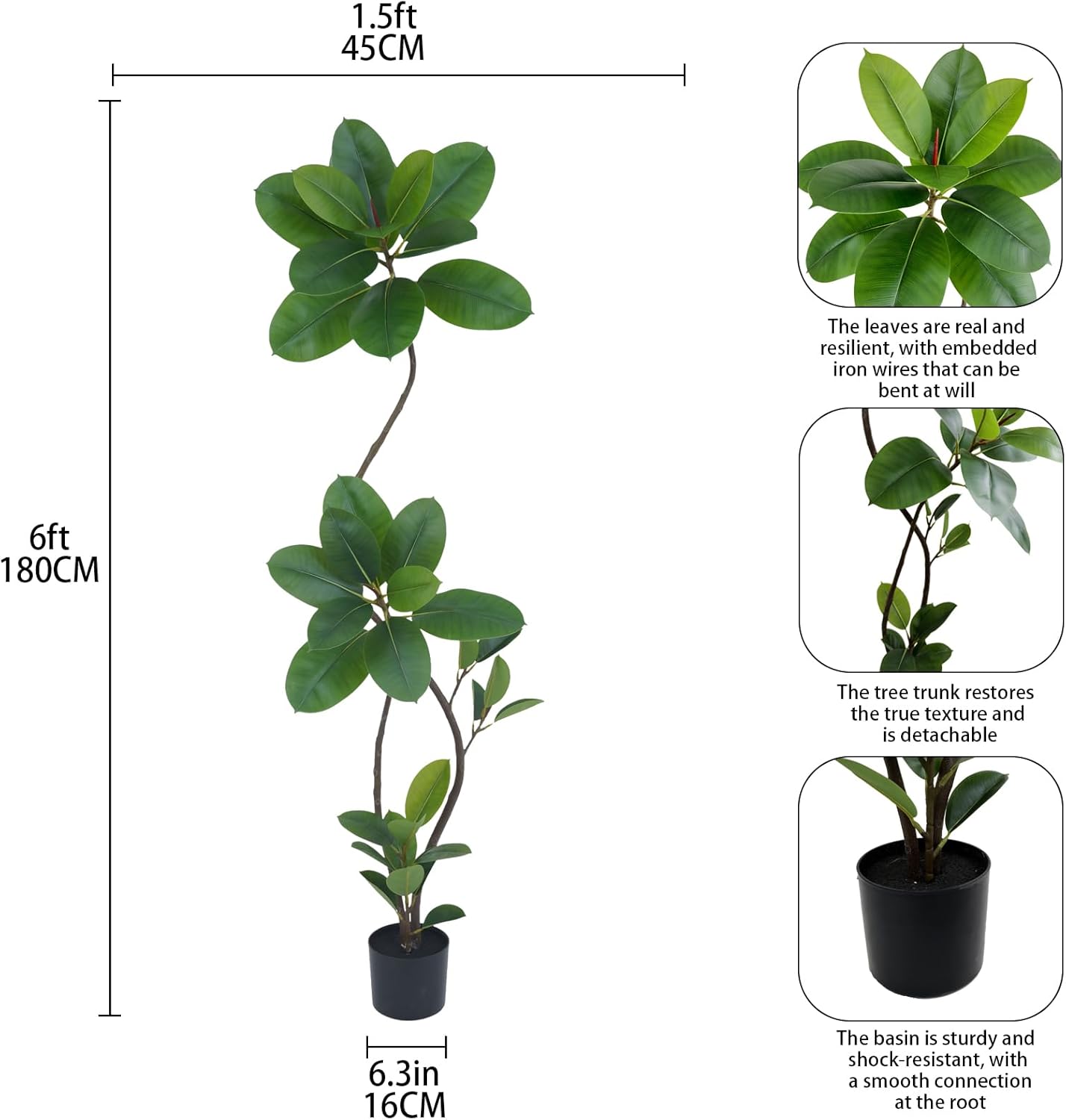 Alternative view of NYPP Artificial Rubber Tree Plant, 6ft Tall, Black with Round Planter, All Season Home Decor (Green,6ft)