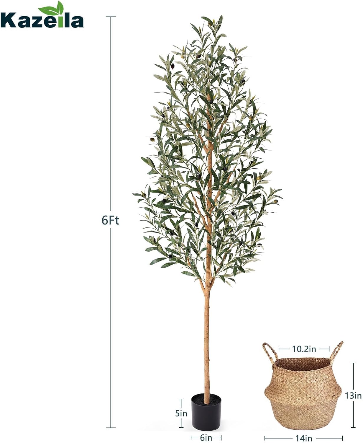 Alternative view of Faux Olive Tree 6FT u2013 Tall Artificial Plants Indoor with Real Wood Trunk & Seagrass Basket, Lifelike Silk Leaves & Fruits u2013 Potted Large Fake Trees for Home, Living Room, Bedroom & Office Decor