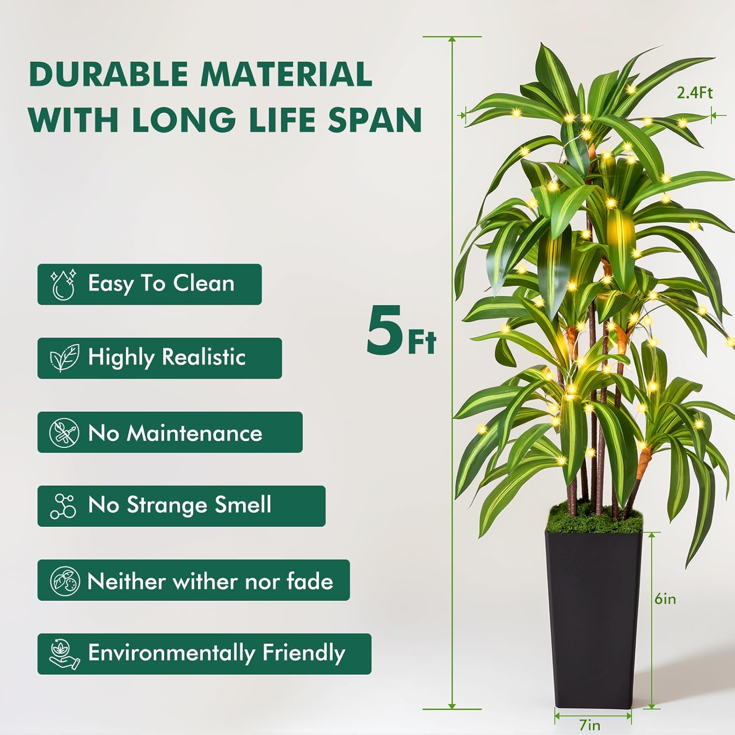 Artificial Dracaena Tree with Lights, 5Ft Fake Plants with Black Tall Planter - Fake Tree Tall Faux Plants Indoor Floor Plant with Moss - Artificial Plants Indoor for Office Living Room Home Decor