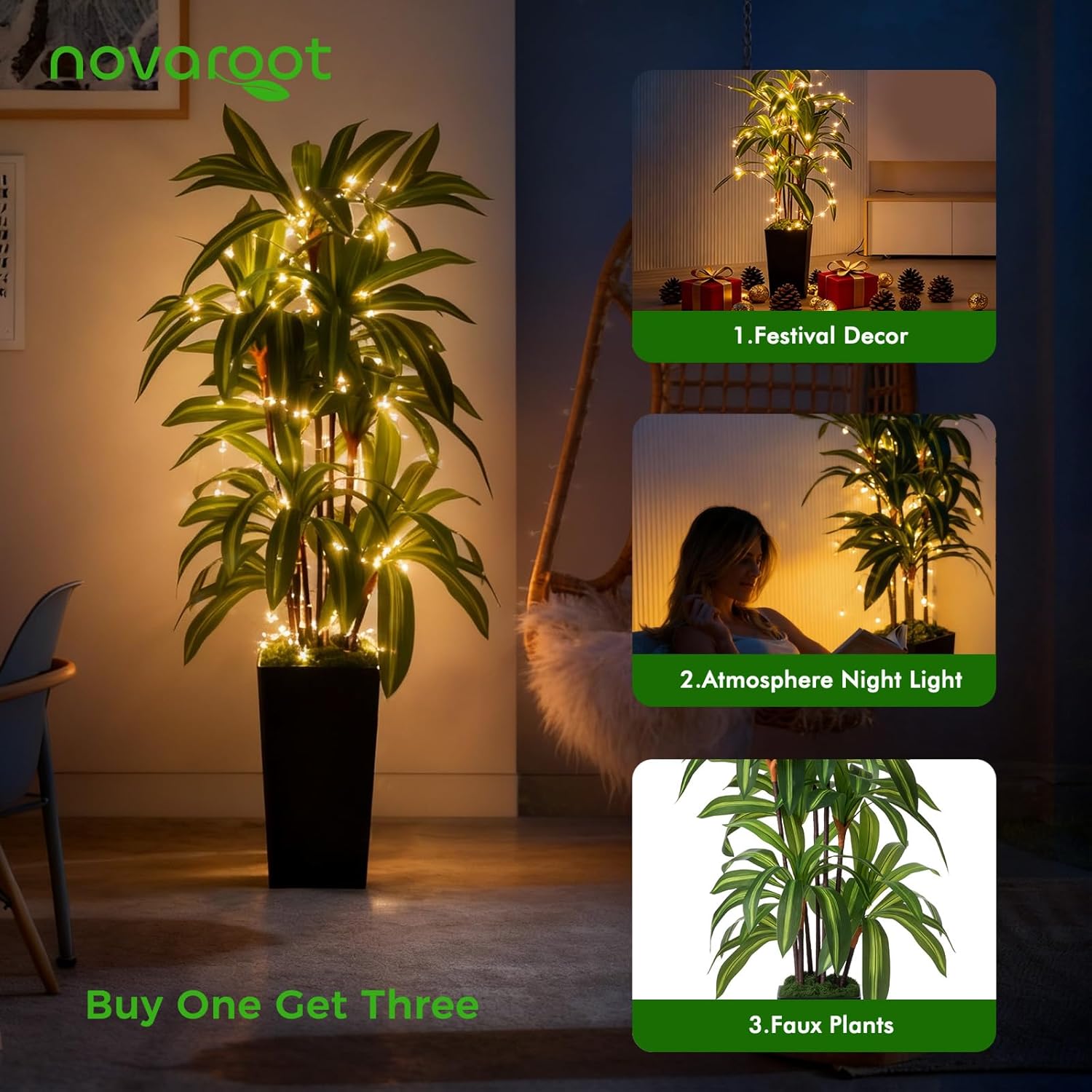 Alternative view of Artificial Dracaena Tree with Lights, 5Ft Fake Plants with Black Tall Planter - Fake Tree Tall Faux Plants Indoor Floor Plant with Moss - Artificial Plants Indoor for Office Living Room Home Decor