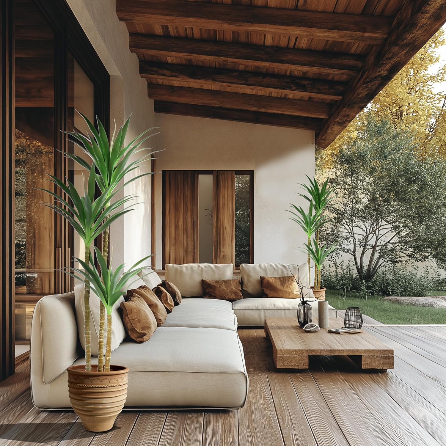 Alternative view of 2 Hyper Realistic Dracaenas 5ft Tall - Two Real Touch & VU Protected Faux Yucca Floor Plants in Pots- Artificial Agave Plants Fake Trees with Black Planters