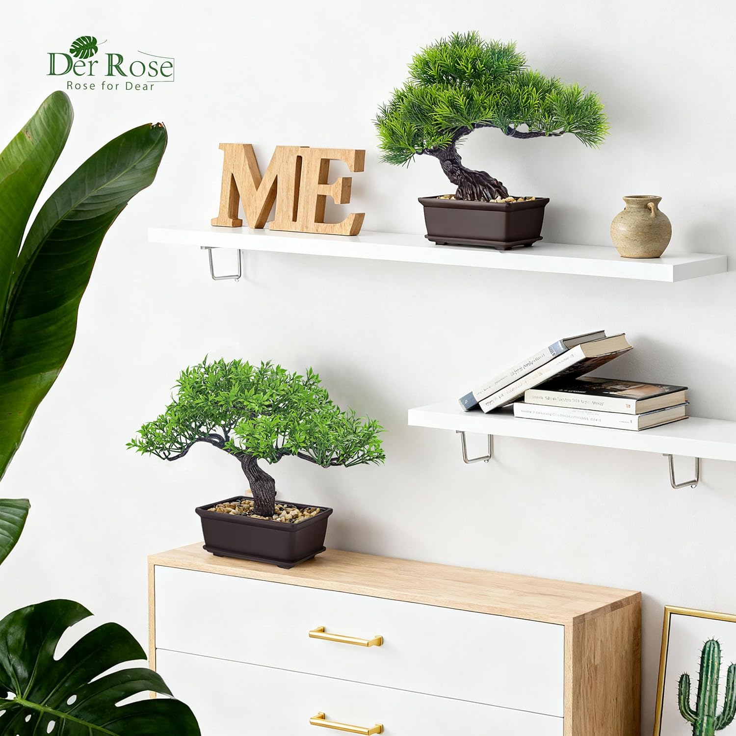 Der Rose 2Pcs Artificial Bonsai Tree Set, Ficus and Cedar Fake Bonsai Trees, Faux Plants for Zen Home Desk Office Spa Bathroom and Hotel Decor Indoor