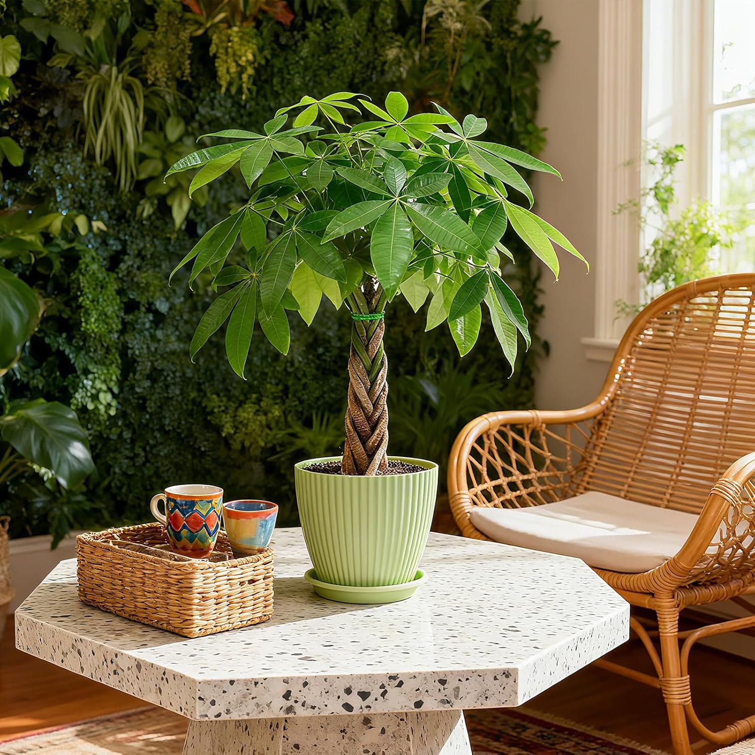 Sprout N Green Small Money Tree with 5 Lucky Braid, Live Plant with Green Stripe Pot, Decoration for Indoor Home Office Tabletop Windowsill Side Table, Housewarming, 8-10" Tall