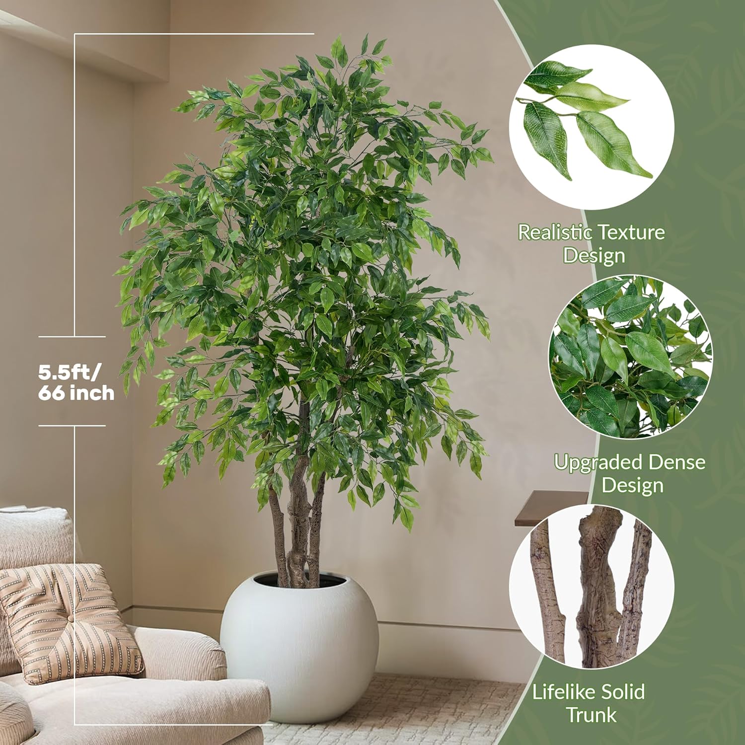 Alternative view of Ficus Tree Artificial with Triple Trunks, 5.5ft Fake Ficus Tree in Black Pot, Tall Artificial Tree Potted Plant for Indoor Outdoor Home Office Living Room Patio Bedroom Decor