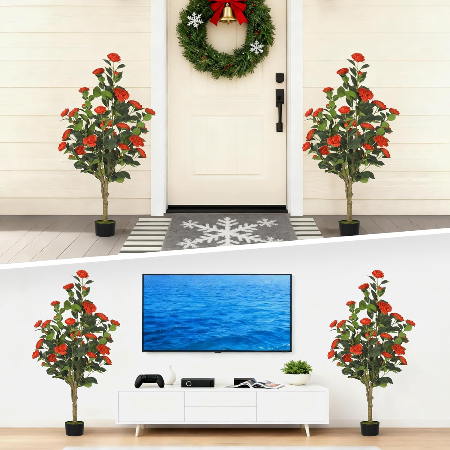 2-Pack 4FT Artificial Camellia Tree,Realistic Fake Potted Plants with Flowers&Planters,Indoor/Outdoor Faux Flowering Trees for Home,Office,Porch,Wedding,and Housewarming Gift Decor,Red