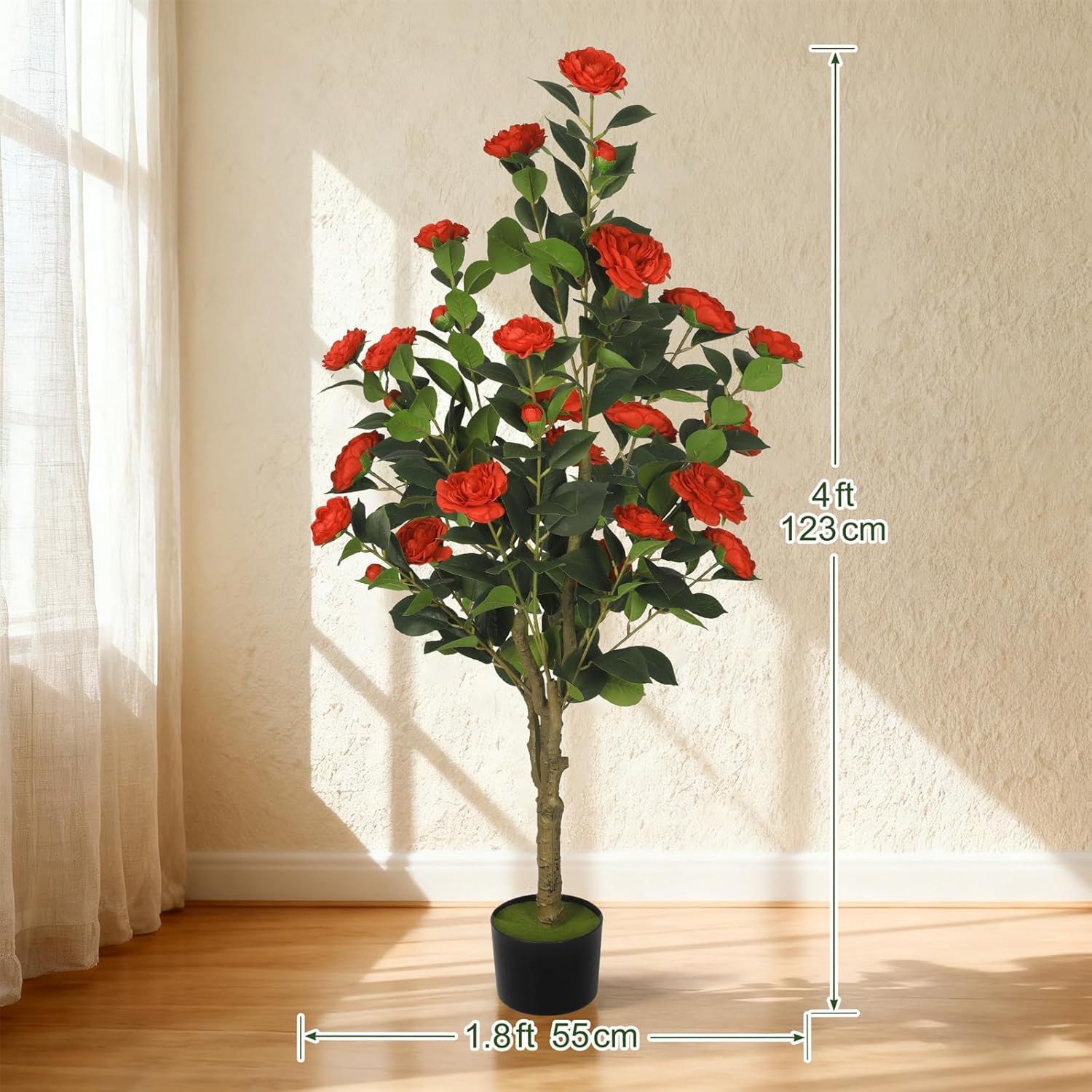 Alternative view of 2-Pack 4FT Artificial Camellia Tree,Realistic Fake Potted Plants with Flowers&Planters,Indoor/Outdoor Faux Flowering Trees for Home,Office,Porch,Wedding,and Housewarming Gift Decor,Red