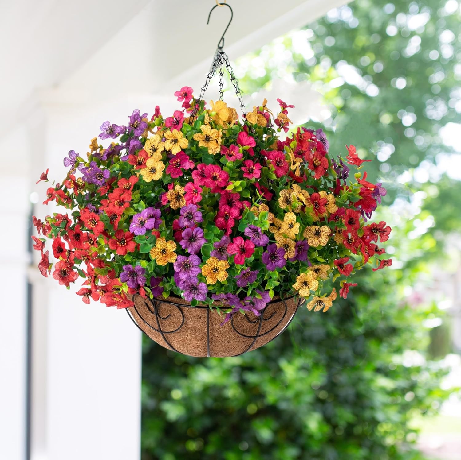HyeFlora Artificial Faux Hanging Plants Flowers Basket for Summer Outdoor Outside Decoration, Fake Silk UV Sun Resistant Look Real Colorful Daisy Eucalyptus for Porch Home Patio Balcony Yard