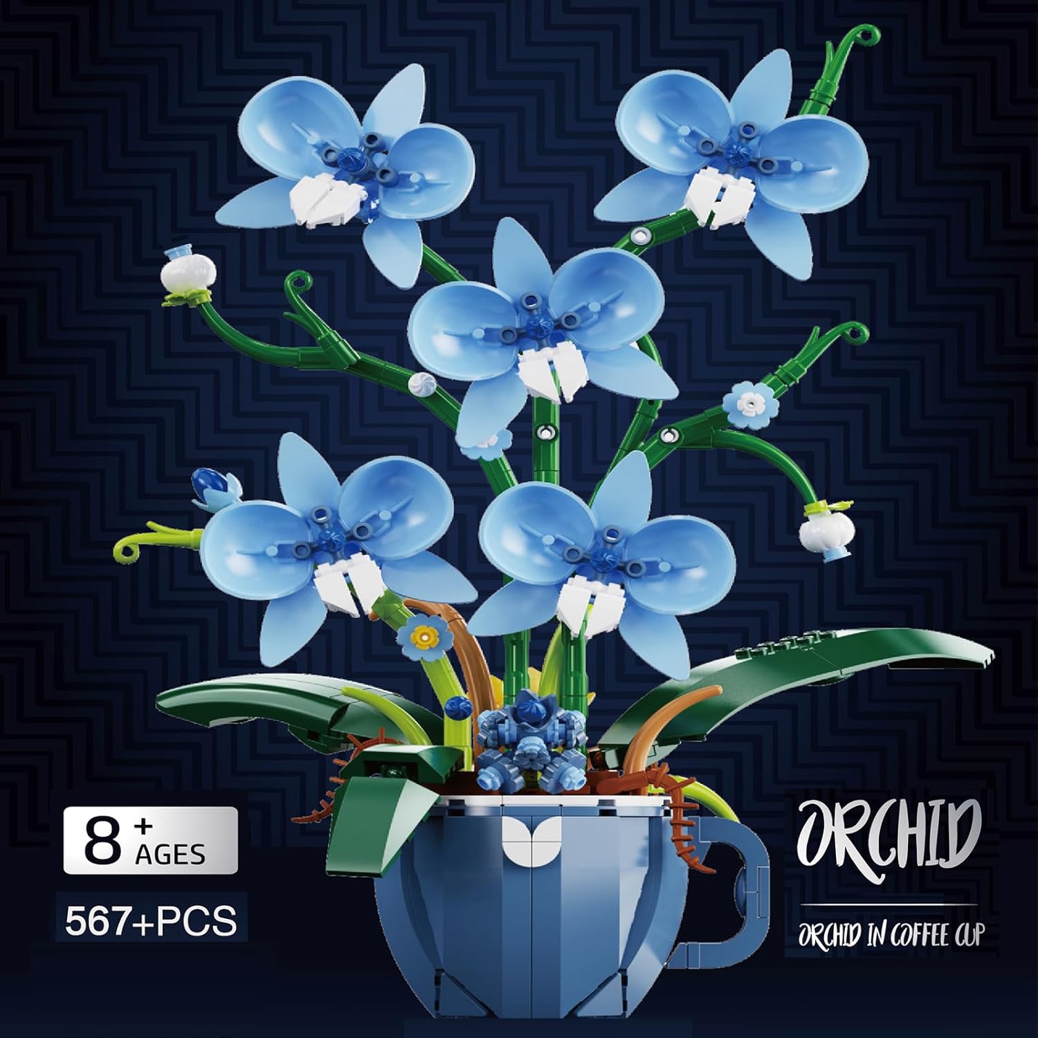 Alternative view of iixeal Blue Orchid Flower Building Set for Adults, Coffee Cup Orchid Botanical Collection Plant Building Kit, Home and Office Decor Gift for Christmas Day, Valentines, Birthday 567pcs