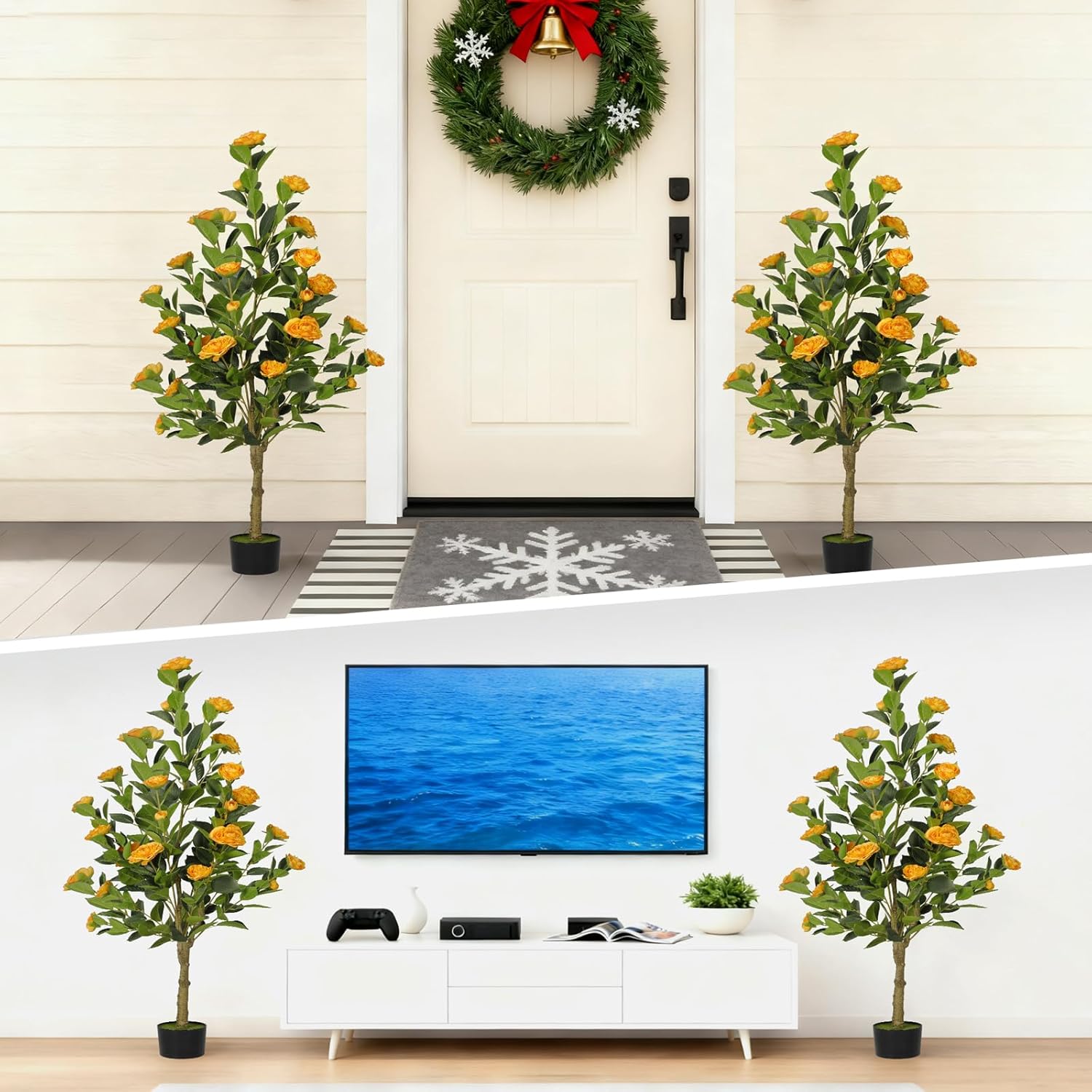 2-Pack 4FT Artificial Camellia Tree,Realistic Fake Potted Plants with Flowers&Planters,Indoor/Outdoor Faux Flowering Trees for Home,Office,Porch,Wedding,and Housewarming Gift Decor,Orange