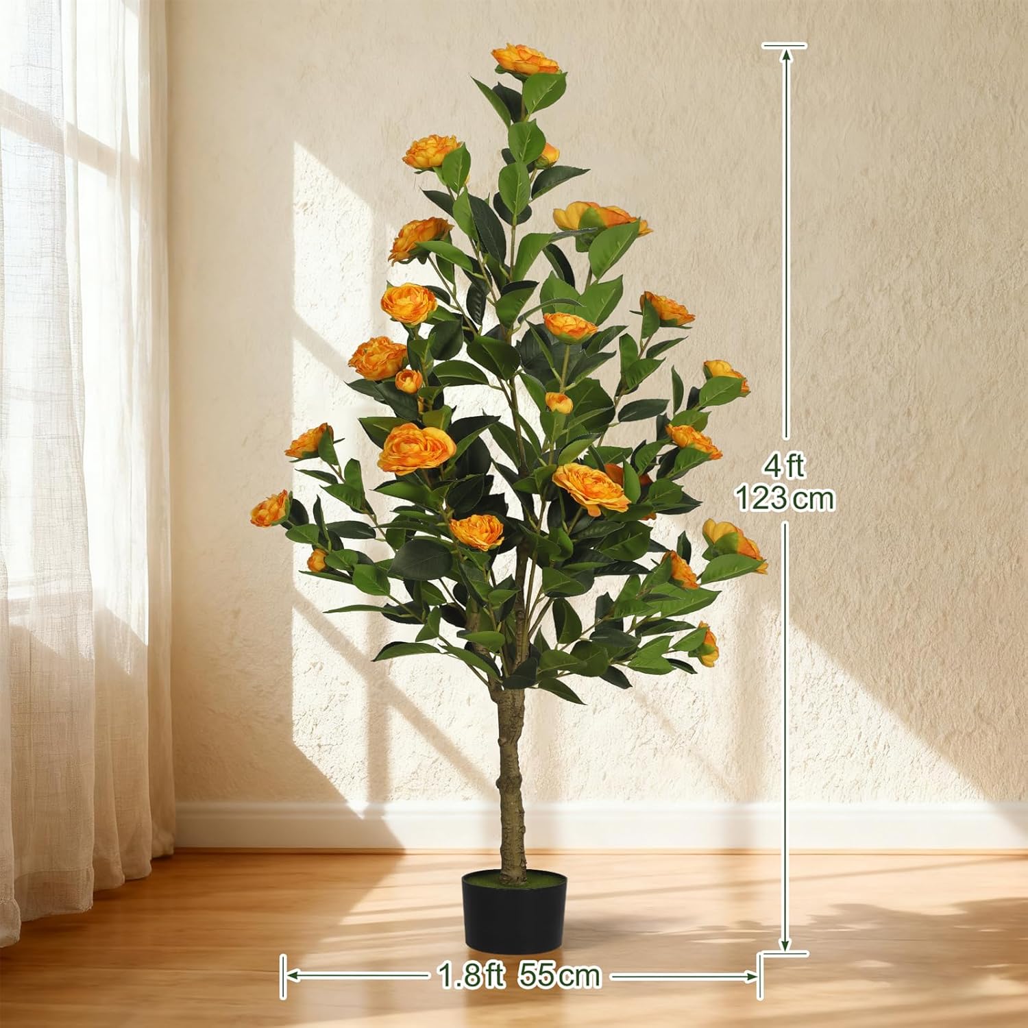 Alternative view of 2-Pack 4FT Artificial Camellia Tree,Realistic Fake Potted Plants with Flowers&Planters,Indoor/Outdoor Faux Flowering Trees for Home,Office,Porch,Wedding,and Housewarming Gift Decor,Orange