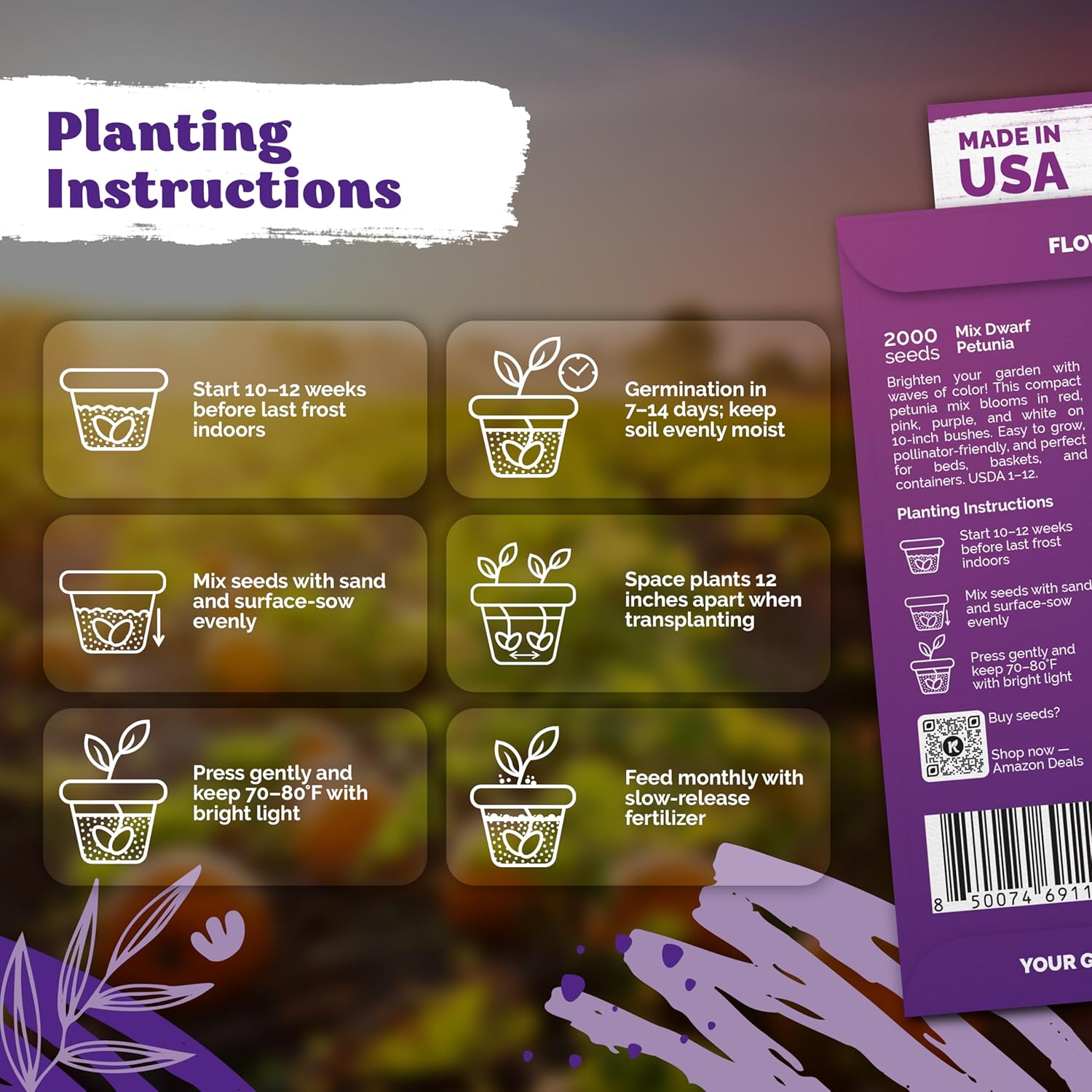 Alternative view of KVITER 2,000 Mix Dwarf Petunia Seeds for Planting Flowers (Nana Compacta) u2014 Mini Petunia Flower Seeds, Annual, Organic & Non GMO u2014 Beds, Hanging Baskets, Containers, Outdoor & Indoor Garden