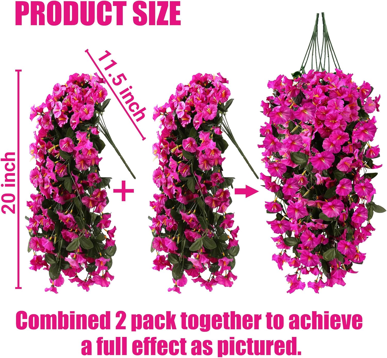 Sggvecsy Artificial Fake Hanging Flowers Plants for Outdoor Outside Spring Summer Decoration 2PCS Faux Silk UV Resistant Realistic Morning Glory Trailing Vines for Home Porch Patio Balcony(Purple red)