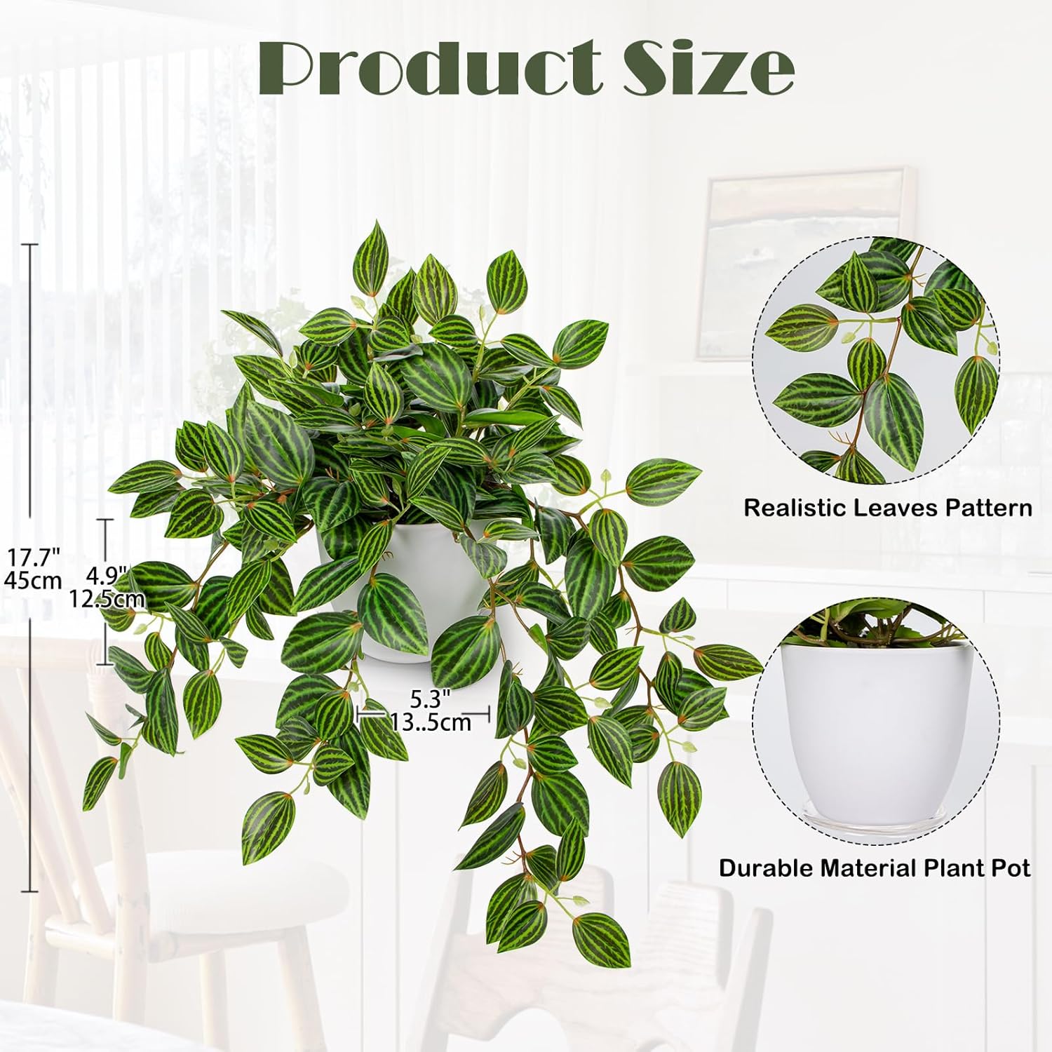 Alternative view of Briful Artificial Plants Indoor Fake Potted Silk Plants Faux Watermelon Peperomia Draping Plant for Home Office Bathroom Shelf Cabinet Tabletop Decoration(Green - 1 Pack)