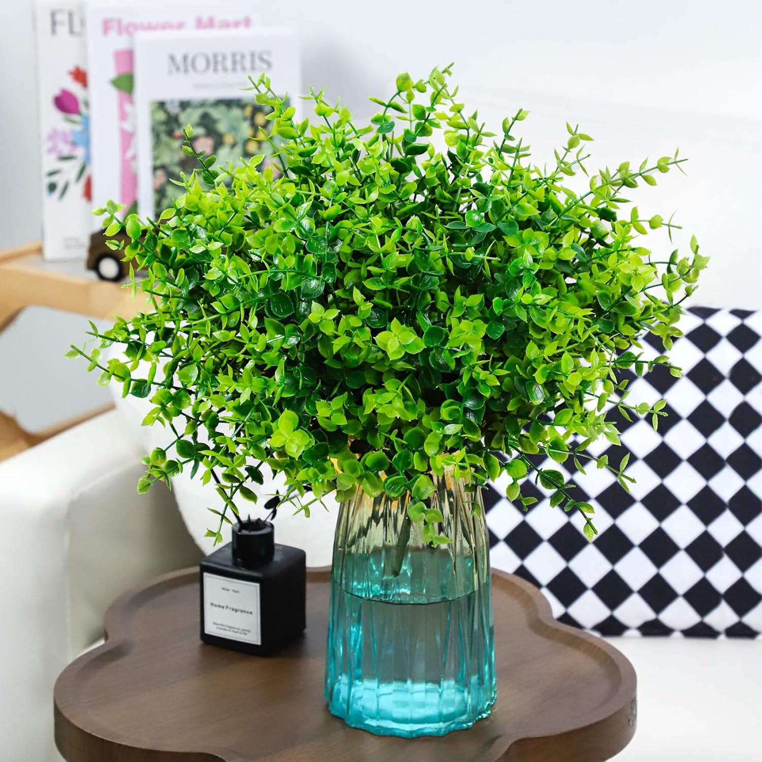 12 Bundles Greenery Artificial Plants Outdoors, Eucalyptus Stems UV Resistant Fake Foliage Plants Faux Boxwood Shrubs Indoor Decorations Artificial Flowers for Garden Pot Porch Fence Hanging Planter