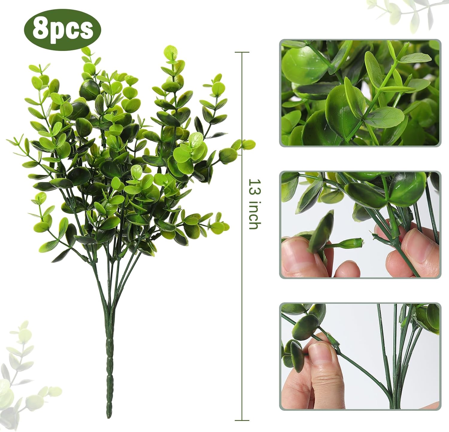 RECUTMS 8 Bundles Artificial Bushes Greenery Plants Stems Faux Shrubs Boxwood Plants Outdoor Fake Eucalyptus for Spring Farmhouse Home Office Wedding Patio Backyard Indoor Valentine's Day Decor(Green)