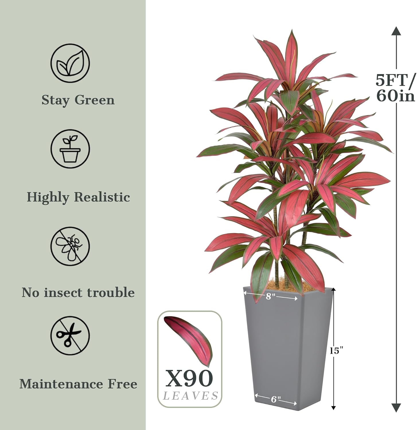 5FT Artificial Dracaena Tree - 60in Faux Dracaena Tree with Gray Planter, Realistic Trunk & Lifelike Red Foliages, Tall Fake Tropical Floor Plant Potted for Home Office Living Room Indoor Decor