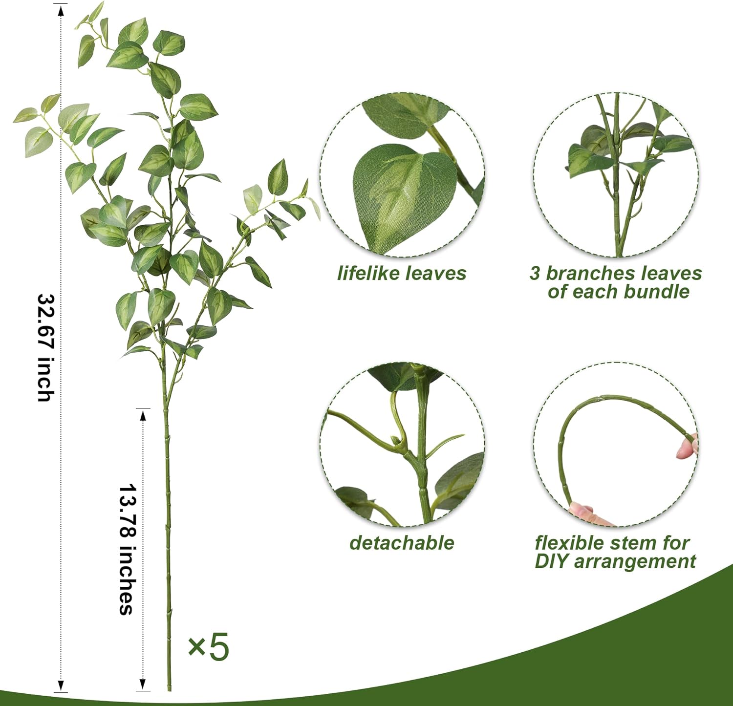 Alternative view of HyeFlora 5PCS Artificial Eucalyptus Leaves Stem Plants for Spring Decor, 32.7 inch Fake Leaves Greenery Branches Green Shrubs Silk Faux Foliage DIY Stems for Festival Home Kitchen Farmhouse(Green)