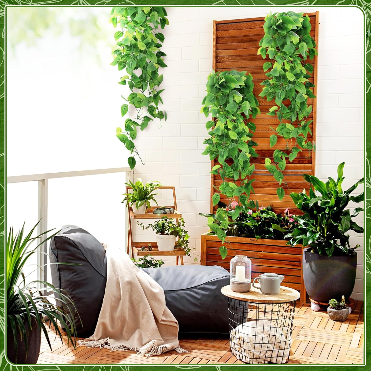 HOREAKHJ 2-Pack Fake Hanging Plants, Faux Hanging Plant Artificial Greenery for Living Room Bedroom Boho Wall Shelf Indoor Outdoor Decor (Green Pothos Ivy Vines)