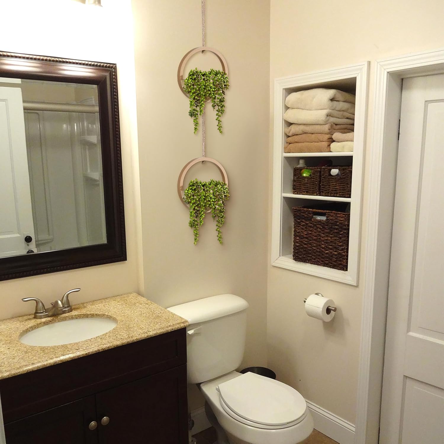 Floweroyal 2pcs Artificial Succulents Hanging Plants 12.2'' Fake String of Pearls in Pot with 8.3'' Lanyard for Indoor Outdoor Wall Decor（Wood Color）.