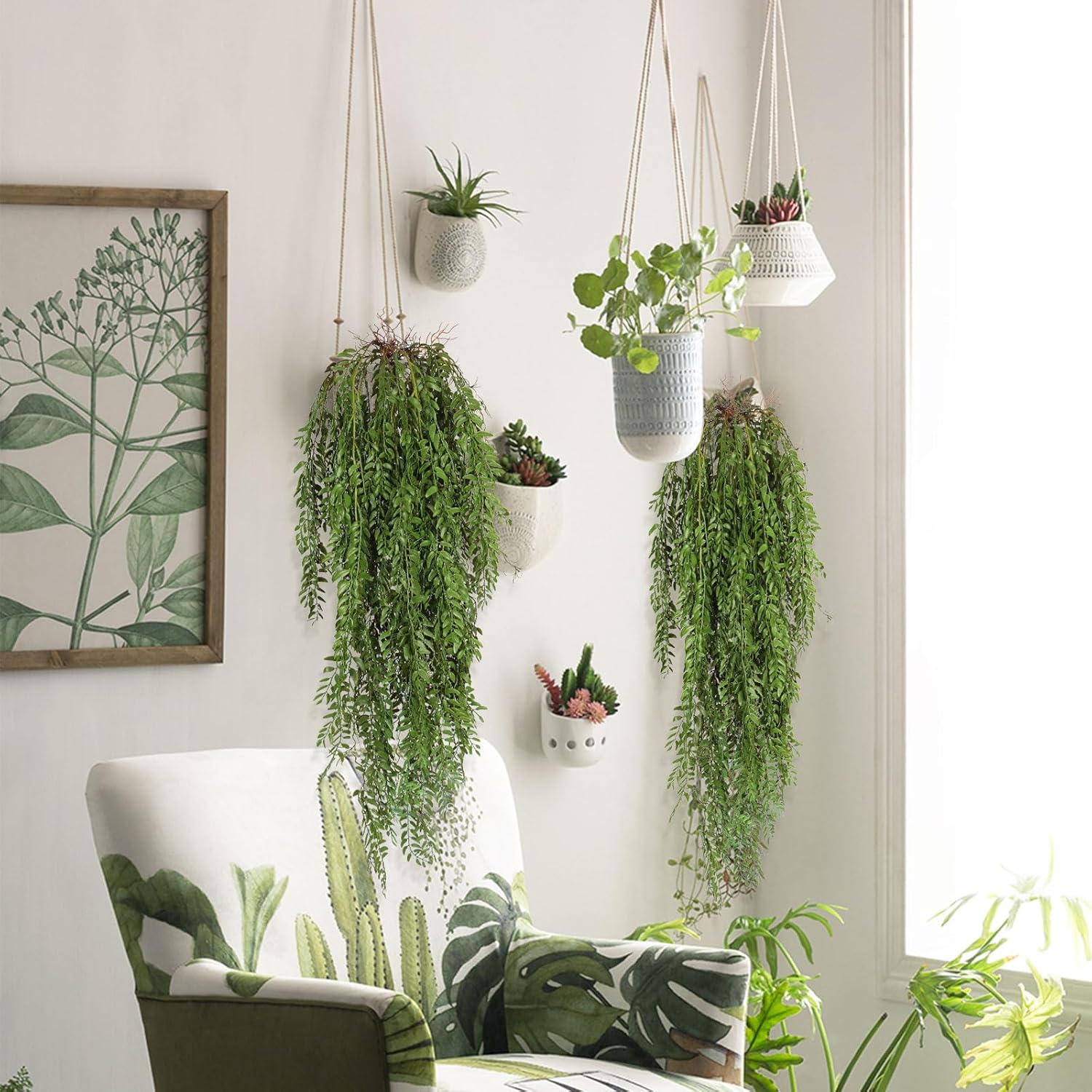 RECUTMS 2 Pcs Hanging Fake Plants Faux Ferns Ivy Willow Vine Leaves Wall Greenery Artificial Vine Plastic for Spring Home Garden Wedding Party Indoor Outdoor Valentine's Day Decorations(Green)