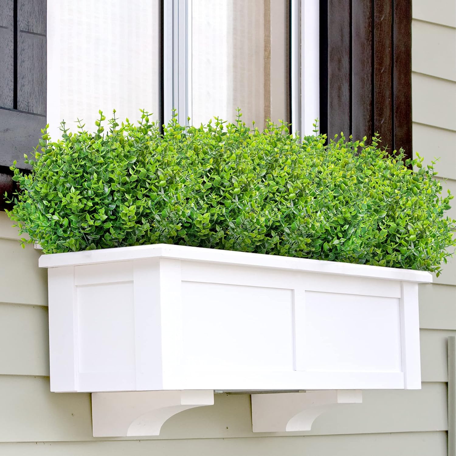 Ouddy Decor 24 Bundles Artificial Greenery Stems Fake Plants Outdoor UV Resistant Faux Plastic Boxwood for Kitchen Office Garden Porch Farmhouse Window Box Home Decor