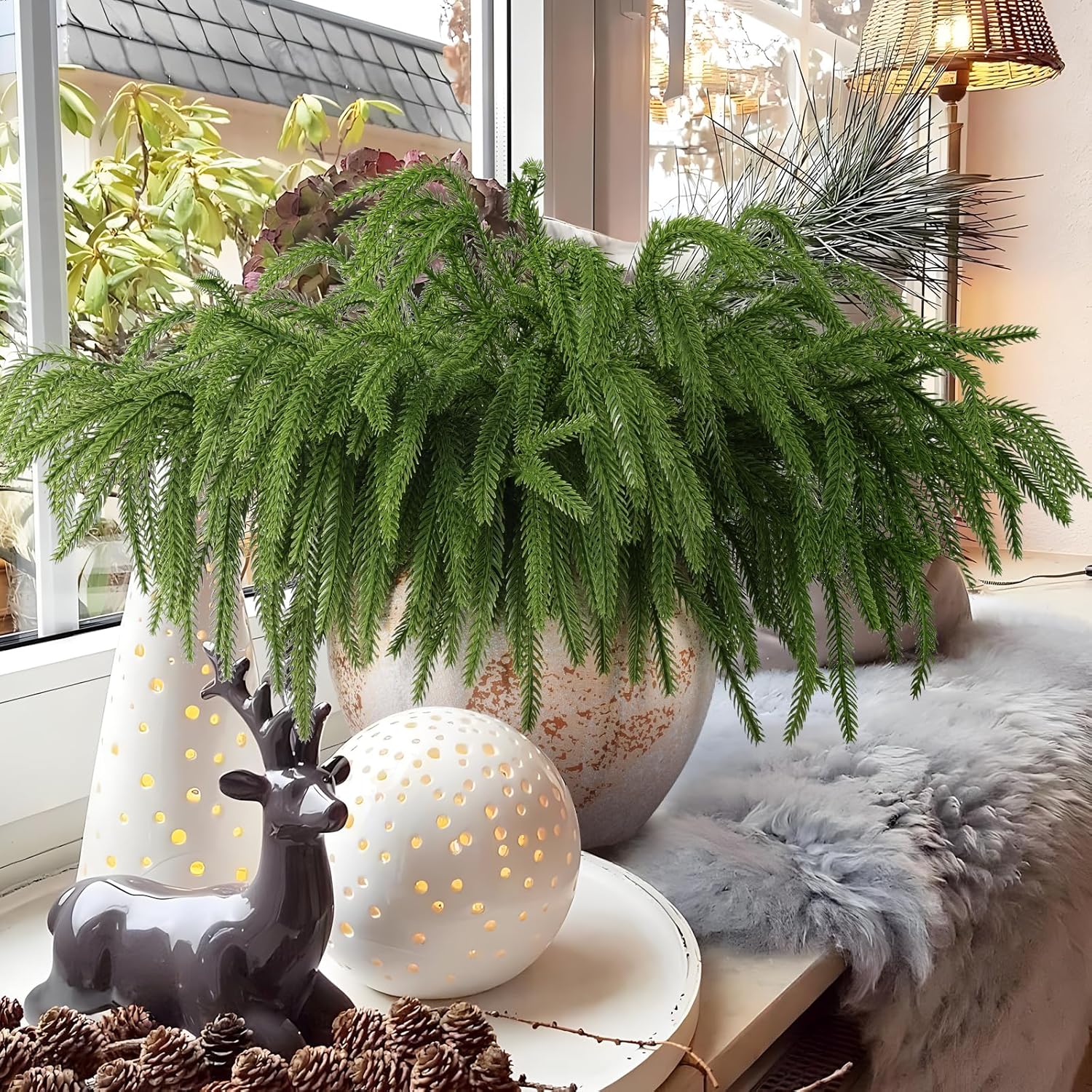Rowfad 12 Pcs Artificial Norfolk Pine Branches, Norfolk Pine Artificial Pine Stems DIY Crafts Faux Christmas Greenary Norfolk Pine Branches for Xmas Wreath Garland Home Decor (12)