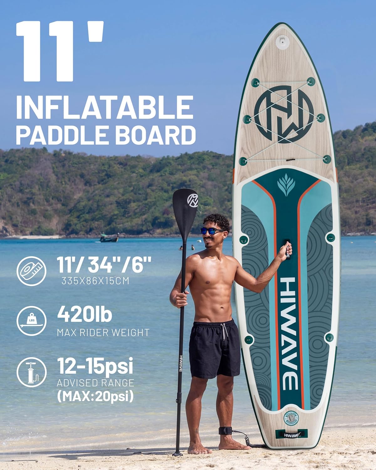 Hiwave Inflatable Paddle Board 11 '* 34 "* 6" Extra Wide Sup Board, 420lb Capacity Paddle Board for Adults, Suitable for Sea and Lakes, 2+1Family Board