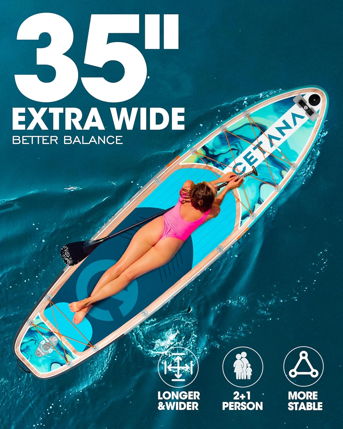 Alternative view of CETANA 11'6×35" Extra Wide Stand Up Paddle Board for Adults & Youth, 400lb Capacity Inflatable Paddle Board, Sup for 2+1 Person with Removable US Fin, 100L Backpack, Floating Paddle, Safety Leash