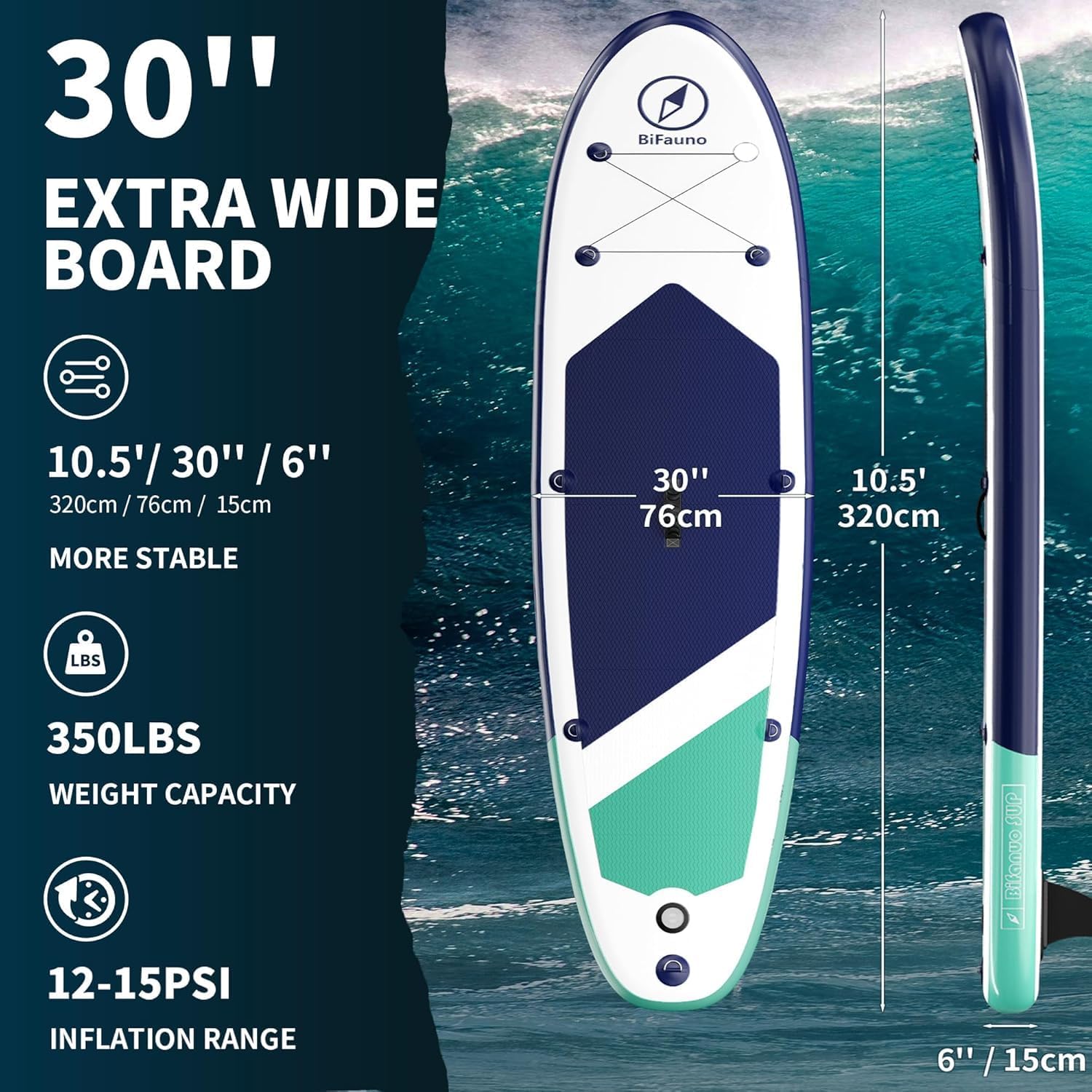 Bifanuo Inflatable Stand Up Paddle Board with SUP Accessories & Backpack. Paddle Boards for Adults. Non-Slip Deck, Wide Stance, Bottom Fin, Double Action Pump.